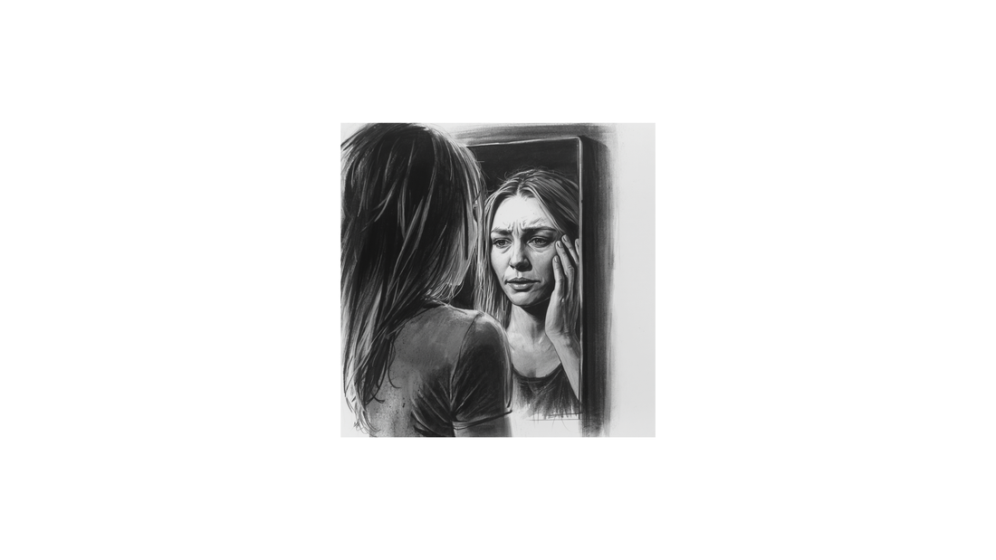 This blog post photo depicts a woman looking in the mirror with a very concerned look on her face.