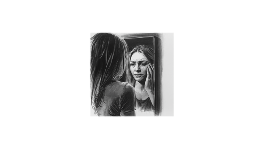 This blog post photo depicts a woman looking in the mirror with a very concerned look on her face.